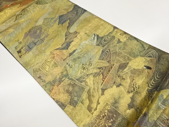 引箔地紙に時代人物・和楽器・花々模様織出し袋帯